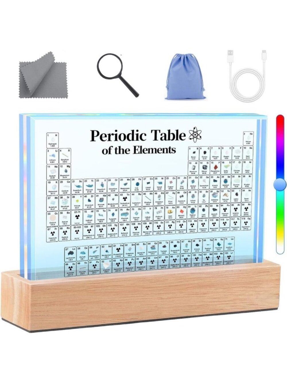 Large Illuminated Periodic Table with Real Elements & 7 Color LED Lights